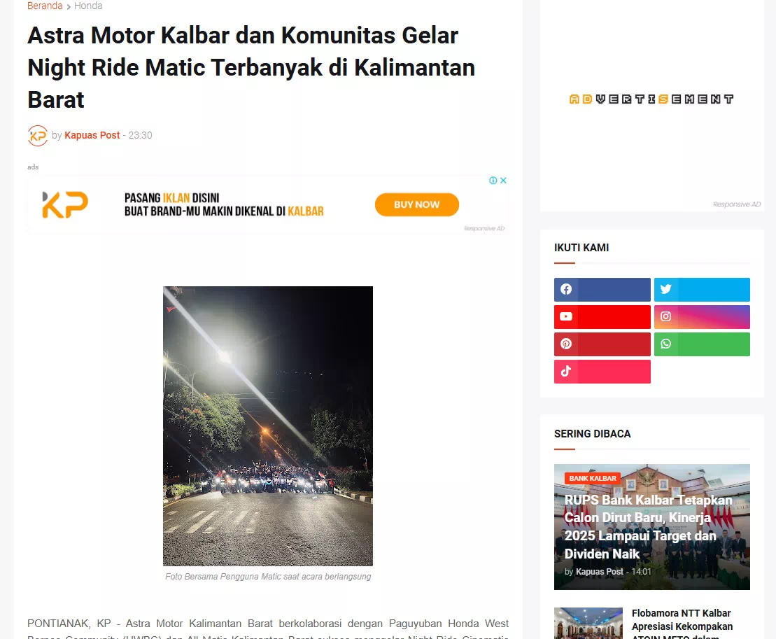 Astra Motor Kalbar dan Komunitas Gelar Night Ride Matic Terbanyak di Kalimantan Barat