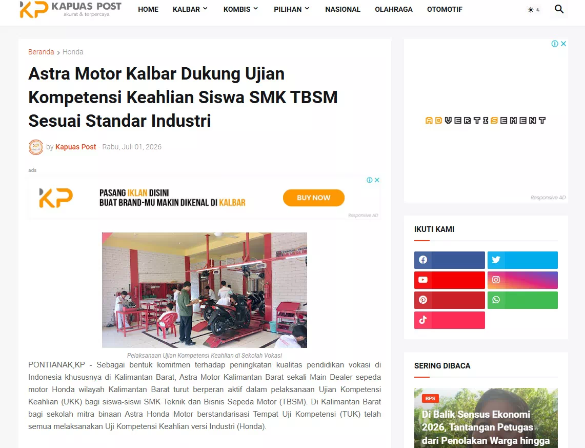 Astra Motor Kalbar Dukung Ujian Kompetensi Keahlian Siswa SMK TBSM Sesuai Standar Industri