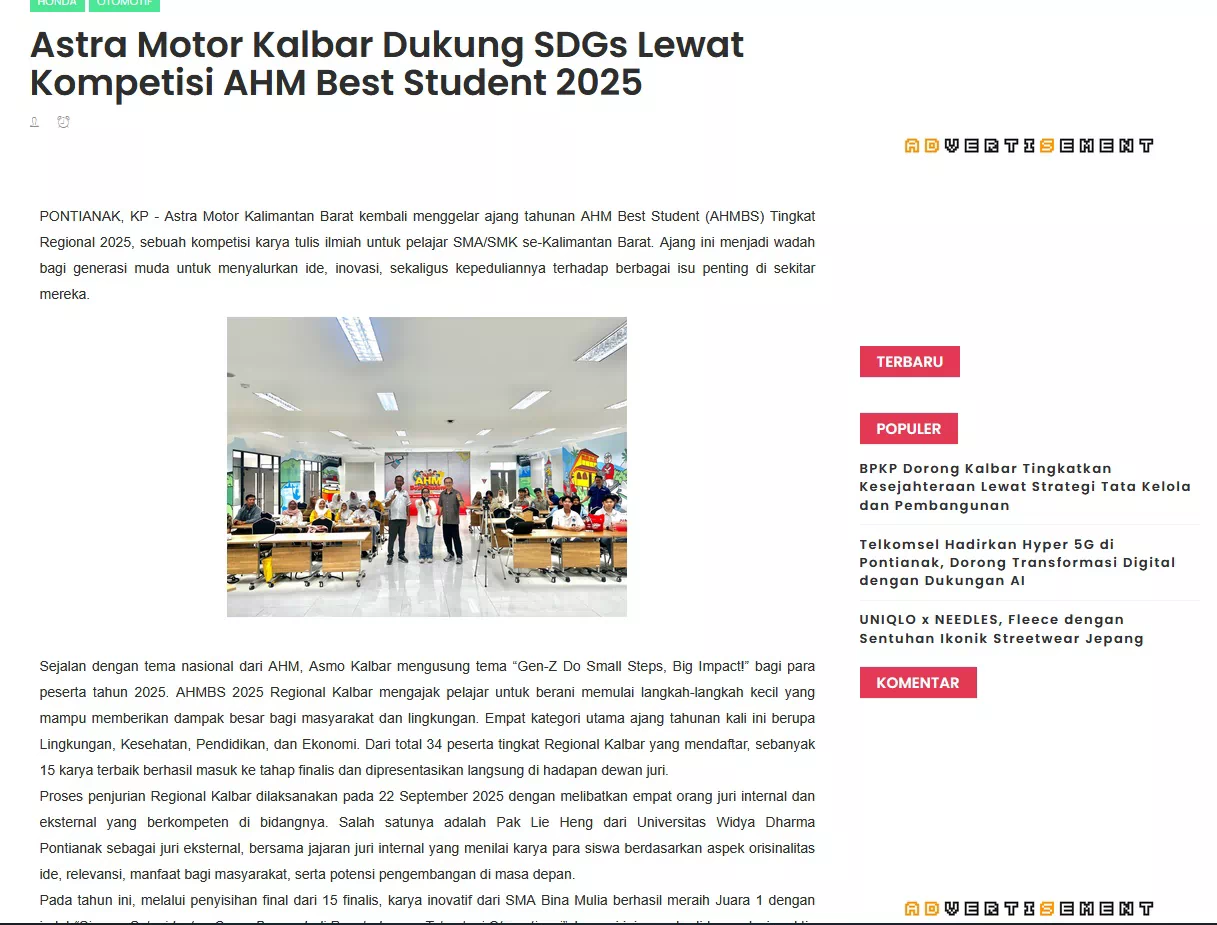 Astra Motor Kalbar Dukung SDGs Lewat Kompetisi AHM Best Student 2025