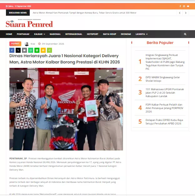 Dimas Heriansyah Juara 1 Nasional Kategori Delivery Man, Astra Motor Kalbar Borong Prestasi di KLHN 2026