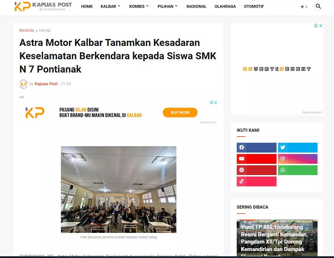 Astra Motor Kalbar Tanamkan Kesadaran Keselamatan Berkendara kepada Siswa SMK N 7 Pontianak