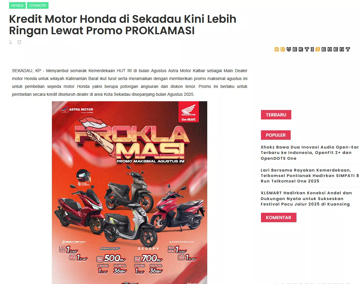 Kredit Motor Honda di Sekadau Kini Lebih Ringan Lewat Promo PROKLAMASI