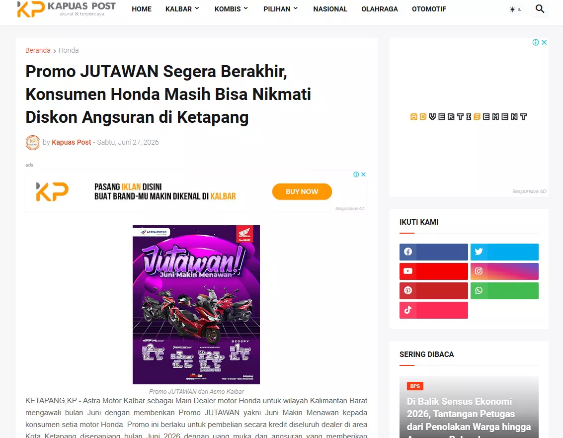 Promo JUTAWAN Segera Berakhir, Konsumen Honda Masih Bisa Nikmati Diskon Angsuran di Ketapang