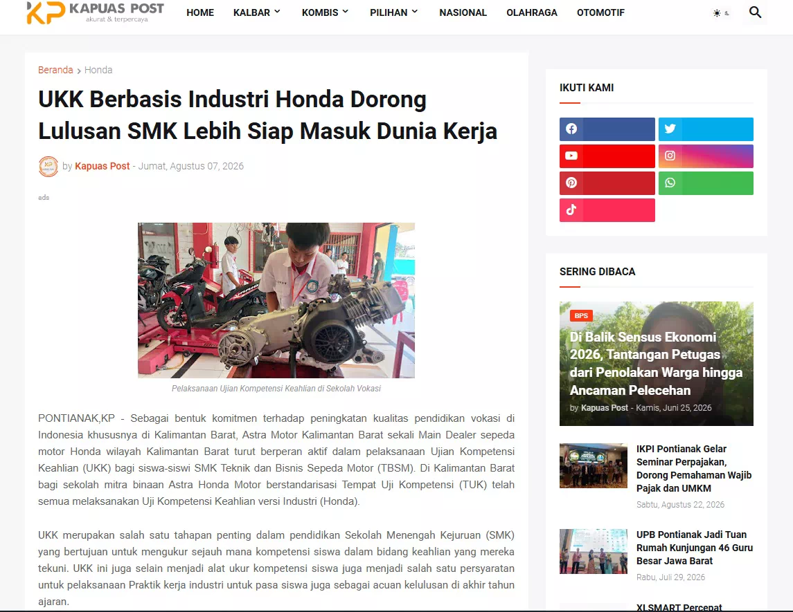 UKK Berbasis Industri Honda Dorong Lulusan SMK Lebih Siap Masuk Dunia Kerja