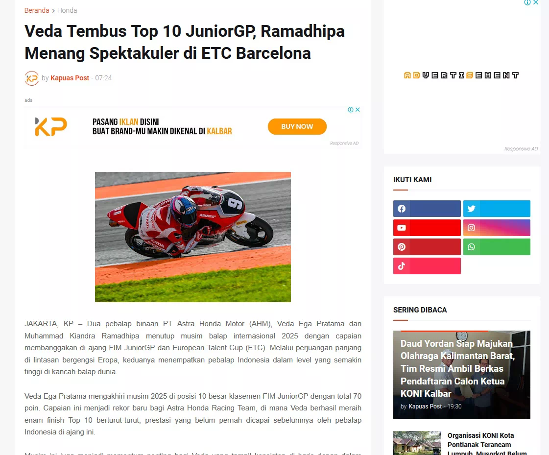 Veda Tembus Top 10 JuniorGP, Ramadhipa Menang Spektakuler di ETC Barcelona