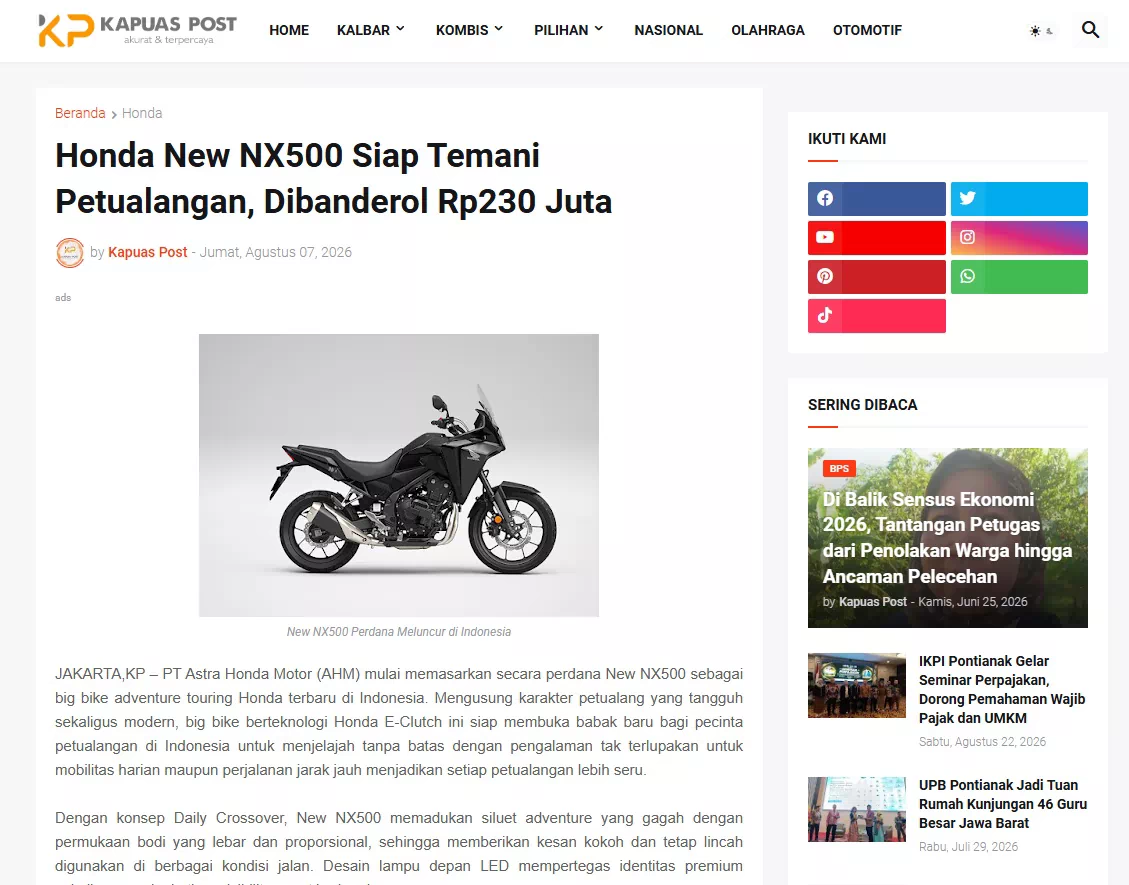 Honda New NX500 Siap Temani Petualangan, Dibanderol Rp230 Juta