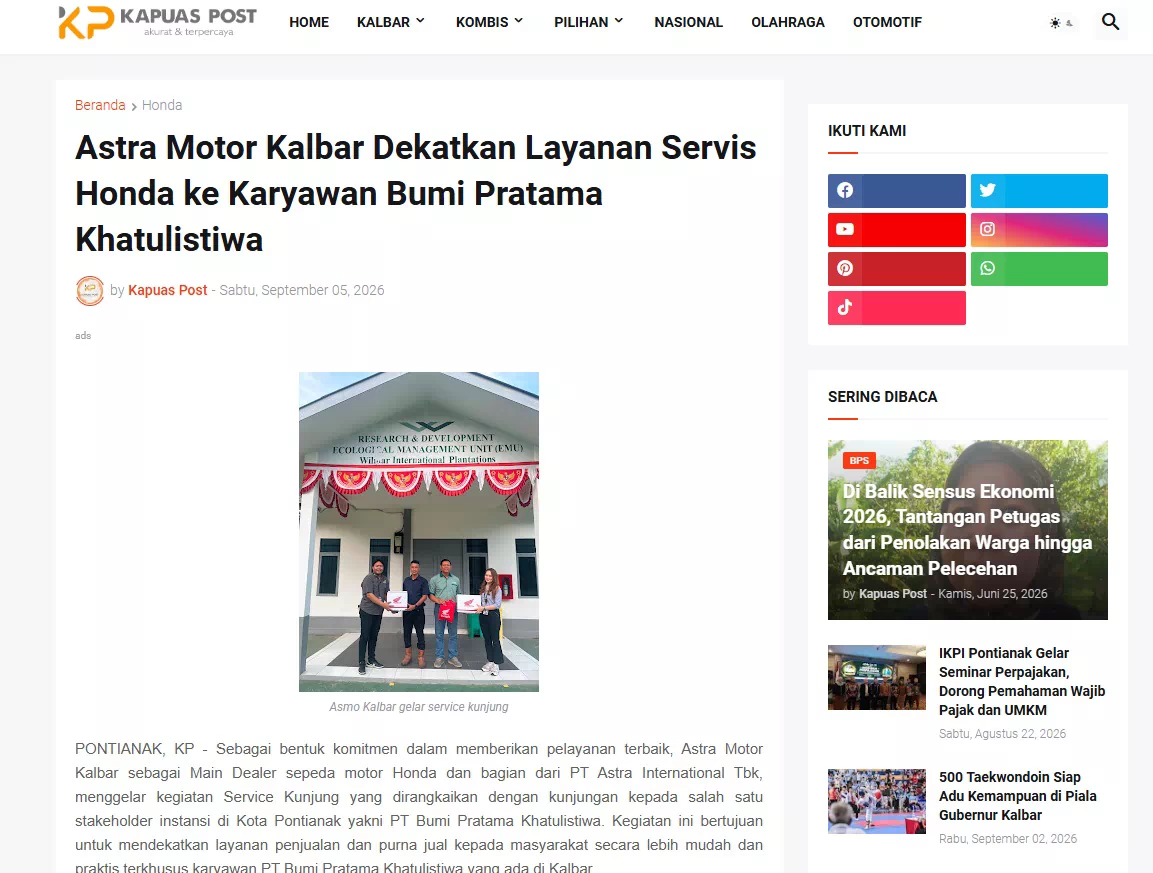 Astra Motor Kalbar Dekatkan Layanan Servis Honda ke Karyawan Bumi Pratama Khatulistiwa