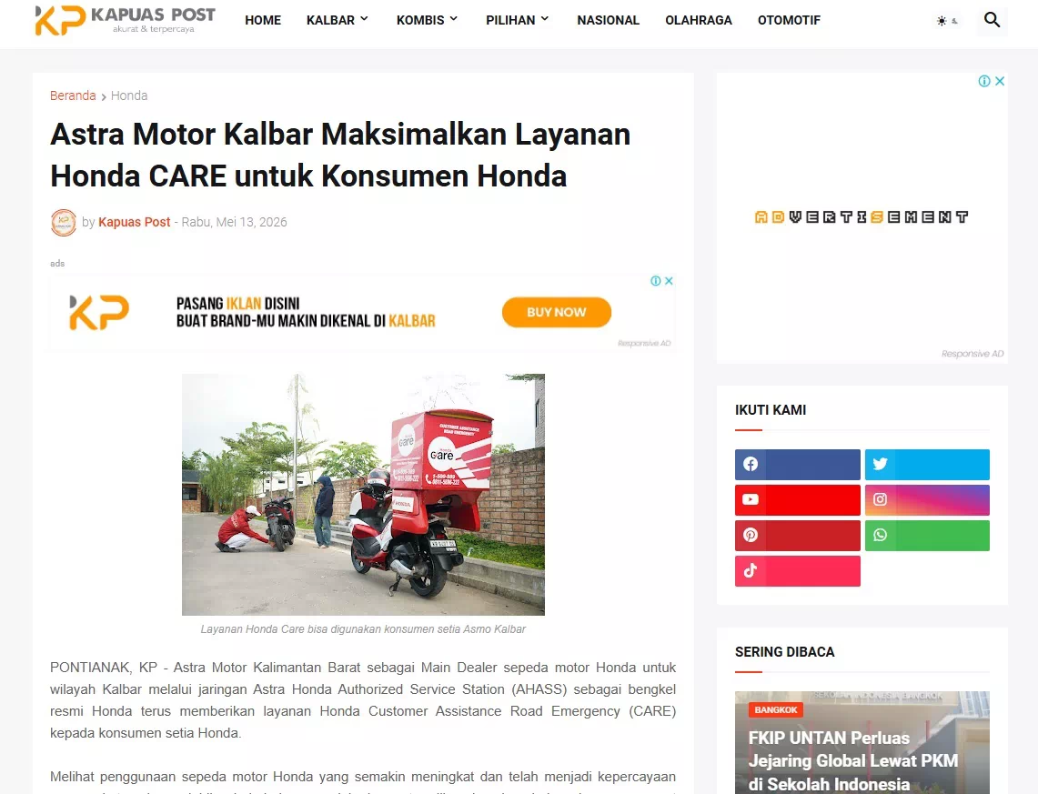 Astra Motor Kalbar Maksimalkan Layanan Honda CARE untuk Konsumen Honda