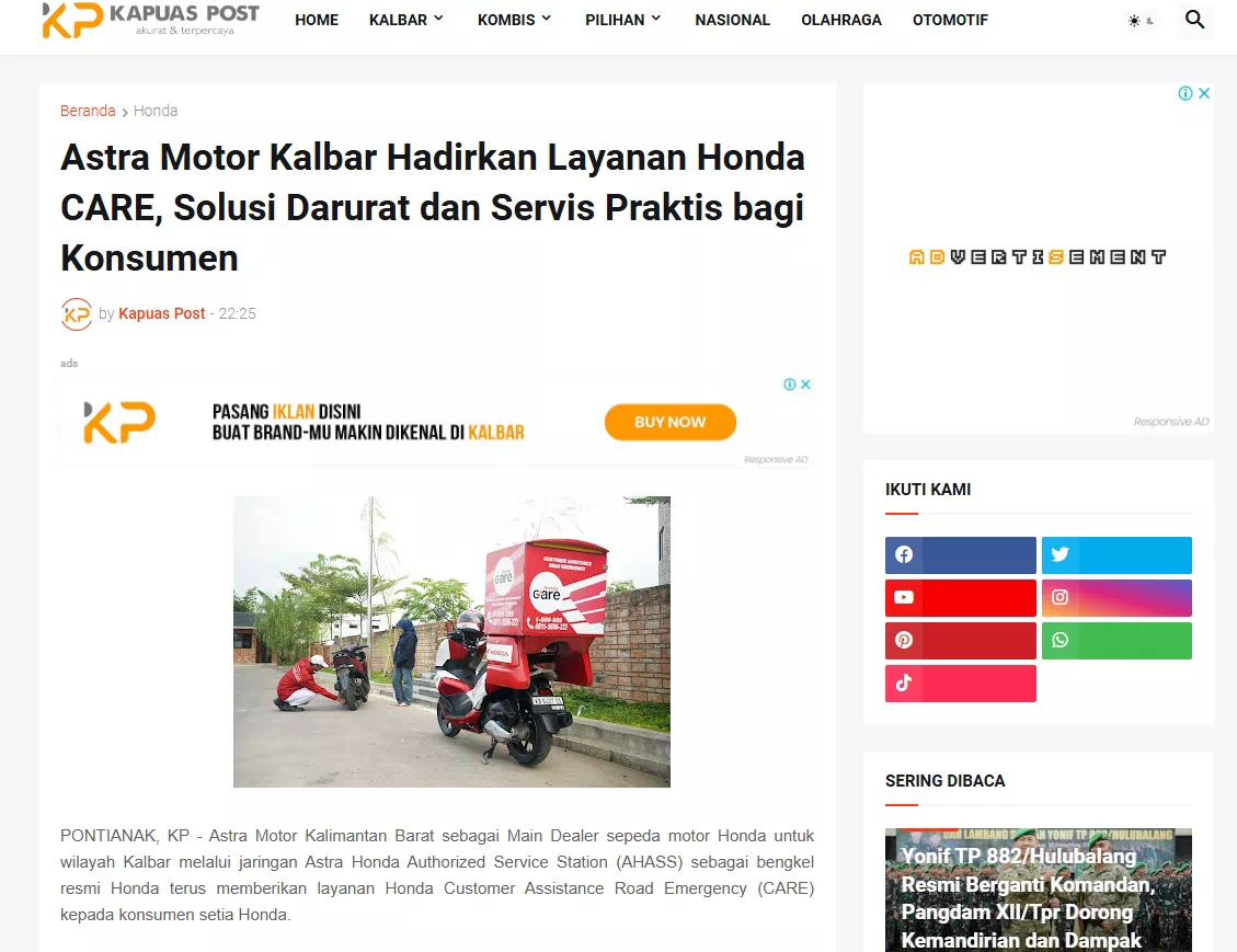 Astra Motor Kalbar Hadirkan Layanan Honda CARE, Solusi Darurat dan Servis Praktis bagi Konsumen