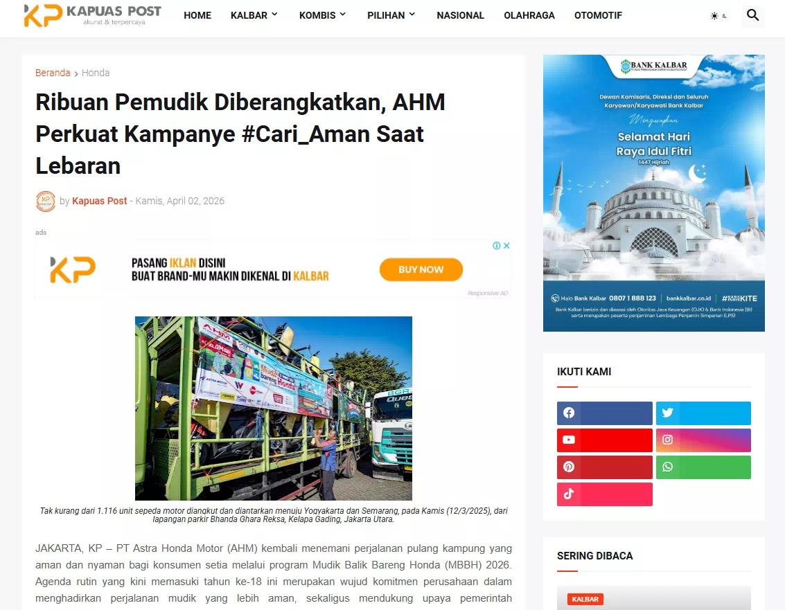 Ribuan Pemudik Diberangkatkan, AHM Perkuat Kampanye #Cari_Aman Saat Lebaran