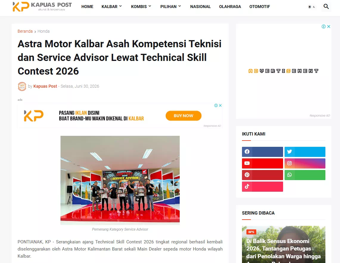 Astra Motor Kalbar Asah Kompetensi Teknisi dan Service Advisor Lewat Technical Skill Contest 2026