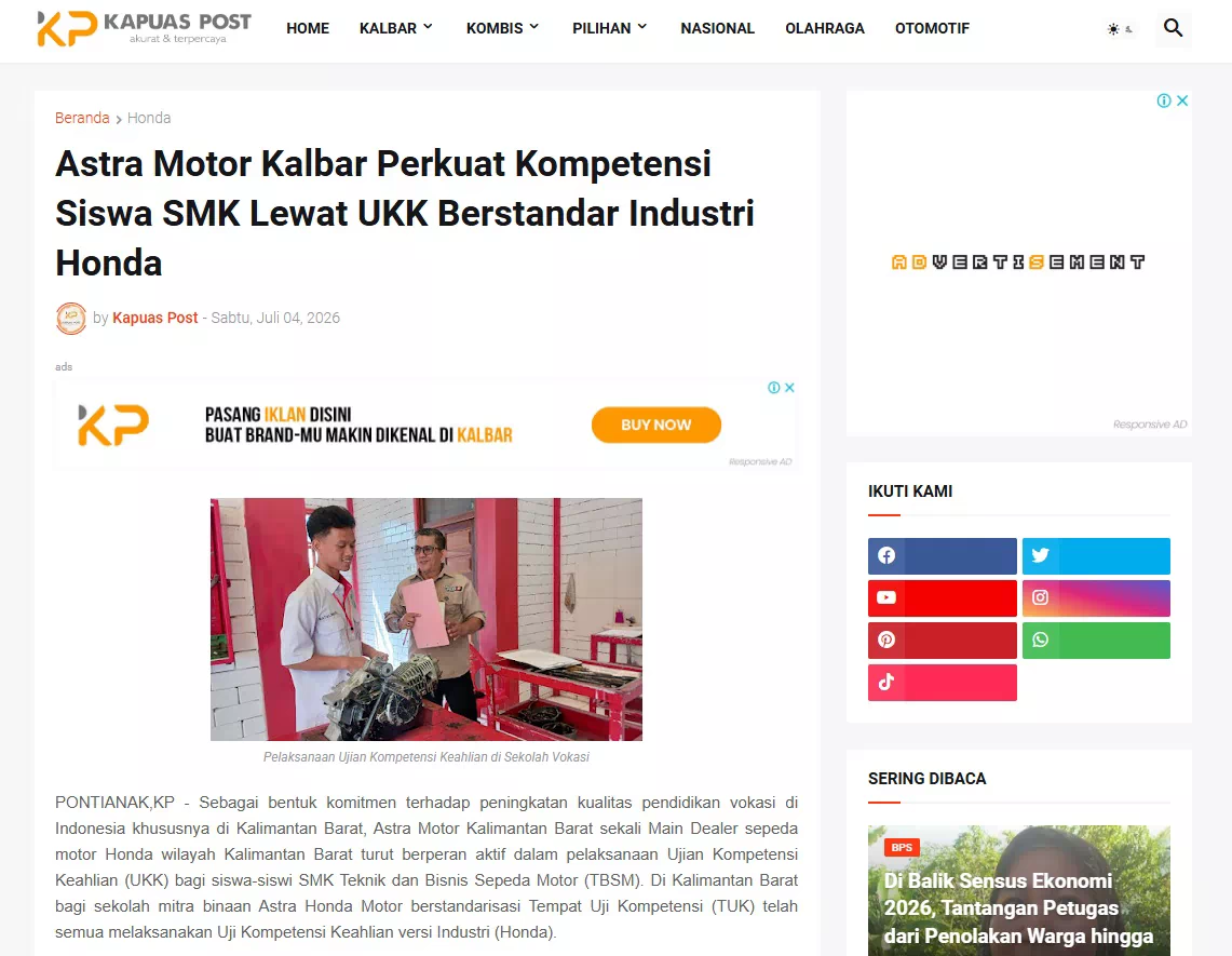 Astra Motor Kalbar Perkuat Kompetensi Siswa SMK Lewat UKK Berstandar Industri Honda