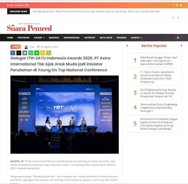 Gelegar 17th SATU Indonesia Awards 2026, PT Astra International Tbk Ajak Anak Muda jadi Inisiator Perubahan di Young On Top National Conference