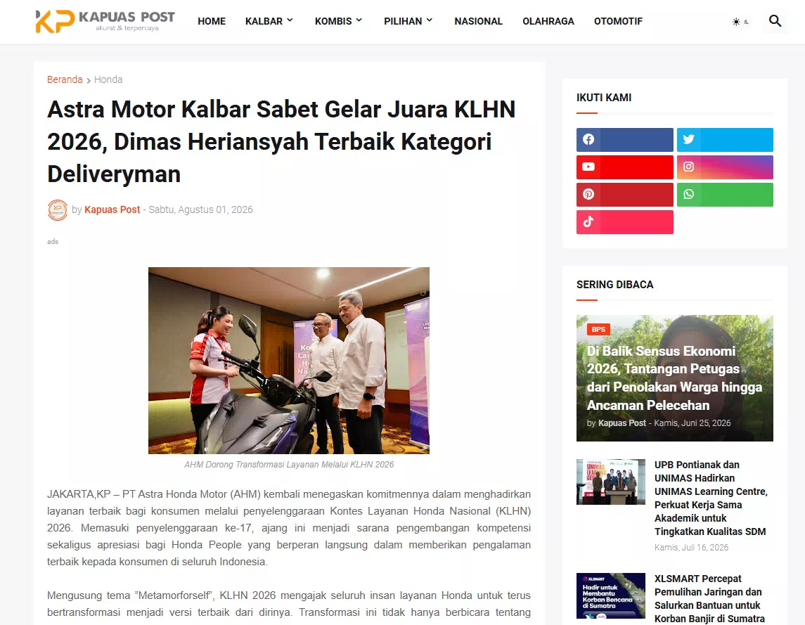 Astra Motor Kalbar Sabet Gelar Juara KLHN 2026, Dimas Heriansyah Terbaik Kategori Deliveryman