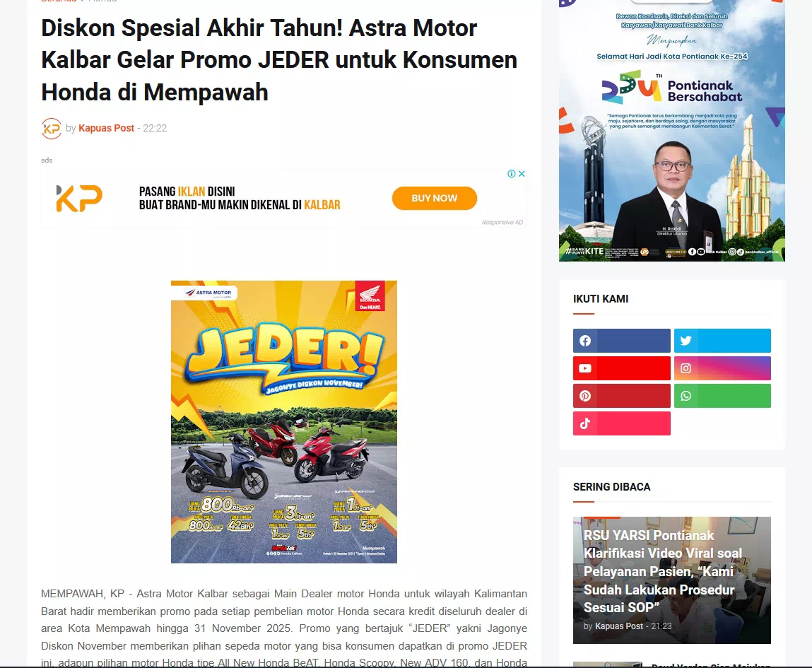 Diskon Spesial Akhir Tahun! Astra Motor Kalbar Gelar Promo JEDER untuk Konsumen Honda di Mempawah