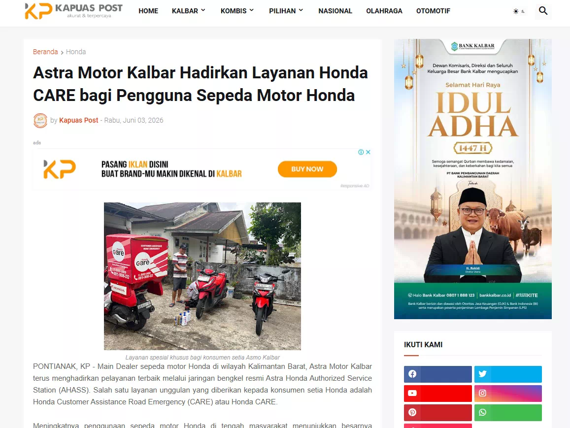 Astra Motor Kalbar Hadirkan Layanan Honda CARE bagi Pengguna Sepeda Motor Honda