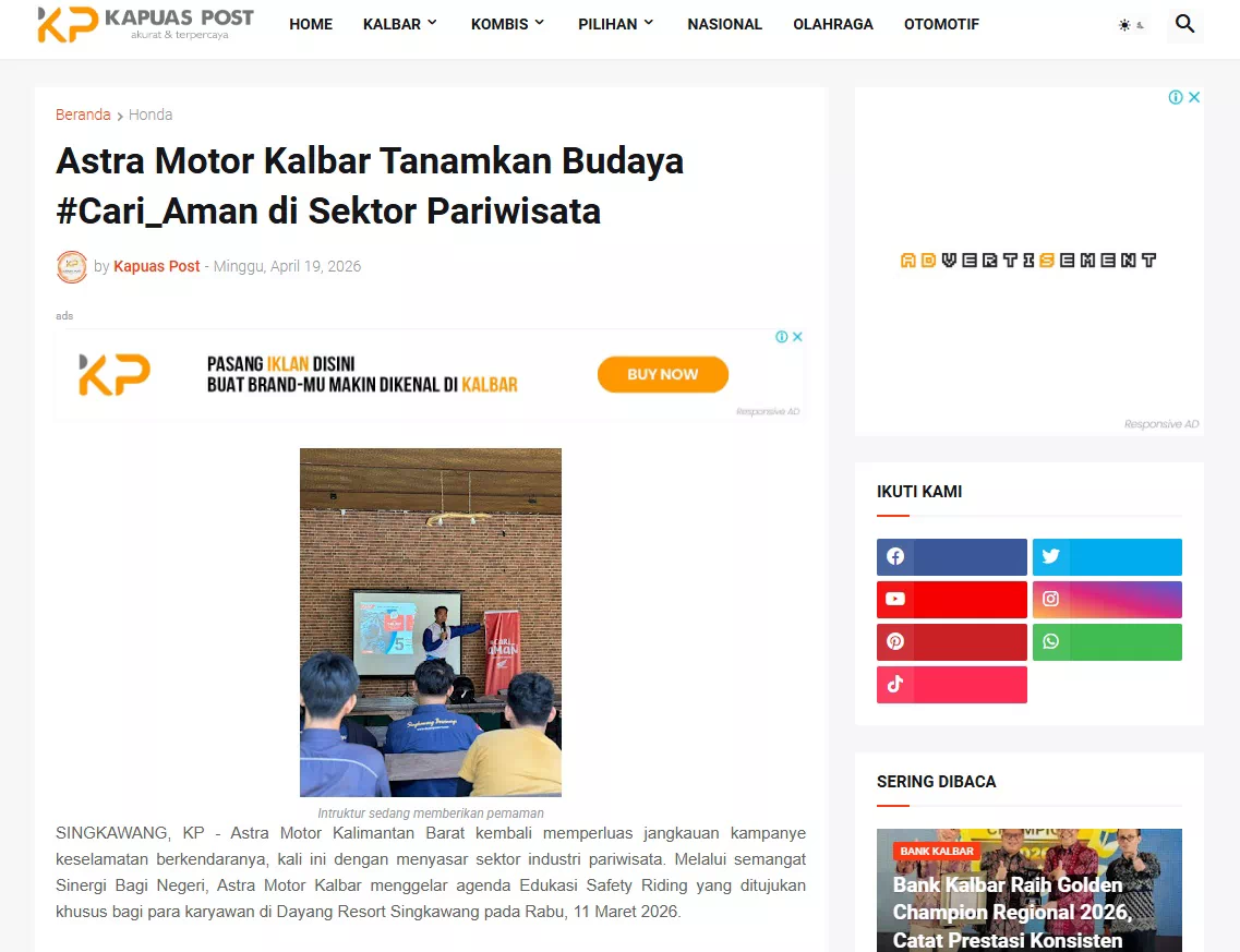 Astra Motor Kalbar Tanamkan Budaya #Cari_Aman di Sektor Pariwisata