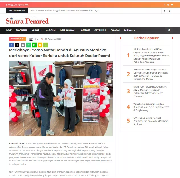 Meriahnya Promo Motor Honda di Agustus Merdeka dari Asmo Kalbar Berlaku untuk Seluruh Dealer Resmi