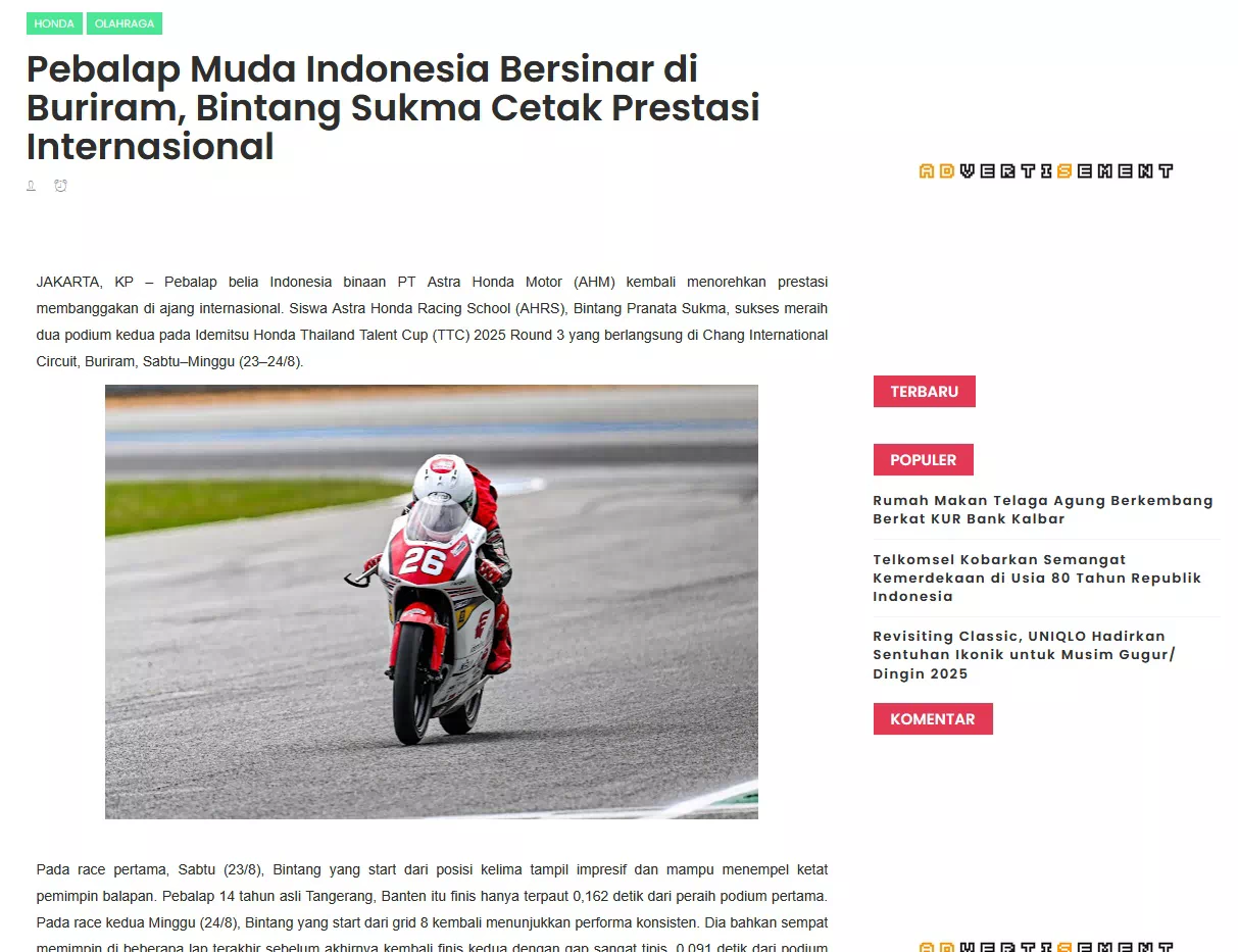 Pebalap Muda Indonesia Bersinar di Buriram, Bintang Sukma Cetak Prestasi Internasional