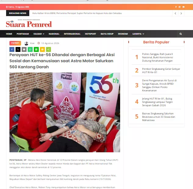 Perayaan HUT ke-56 Ditandai dengan Berbagai Aksi Sosial dan Kemanusiaan saat Astra Motor Salurkan 560 Kantong Darah