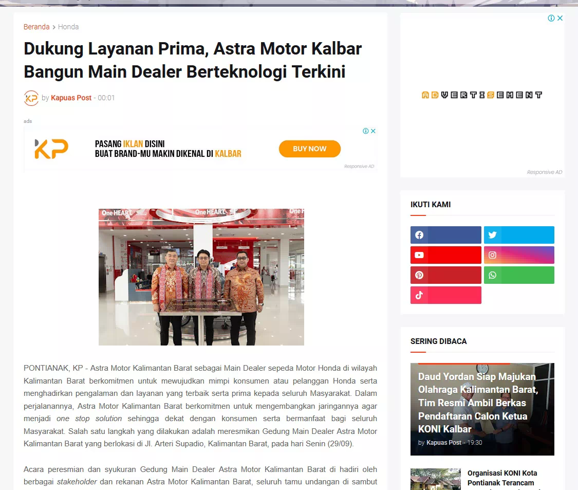 Dukung Layanan Prima, Astra Motor Kalbar Bangun Main Dealer Berteknologi Terkini