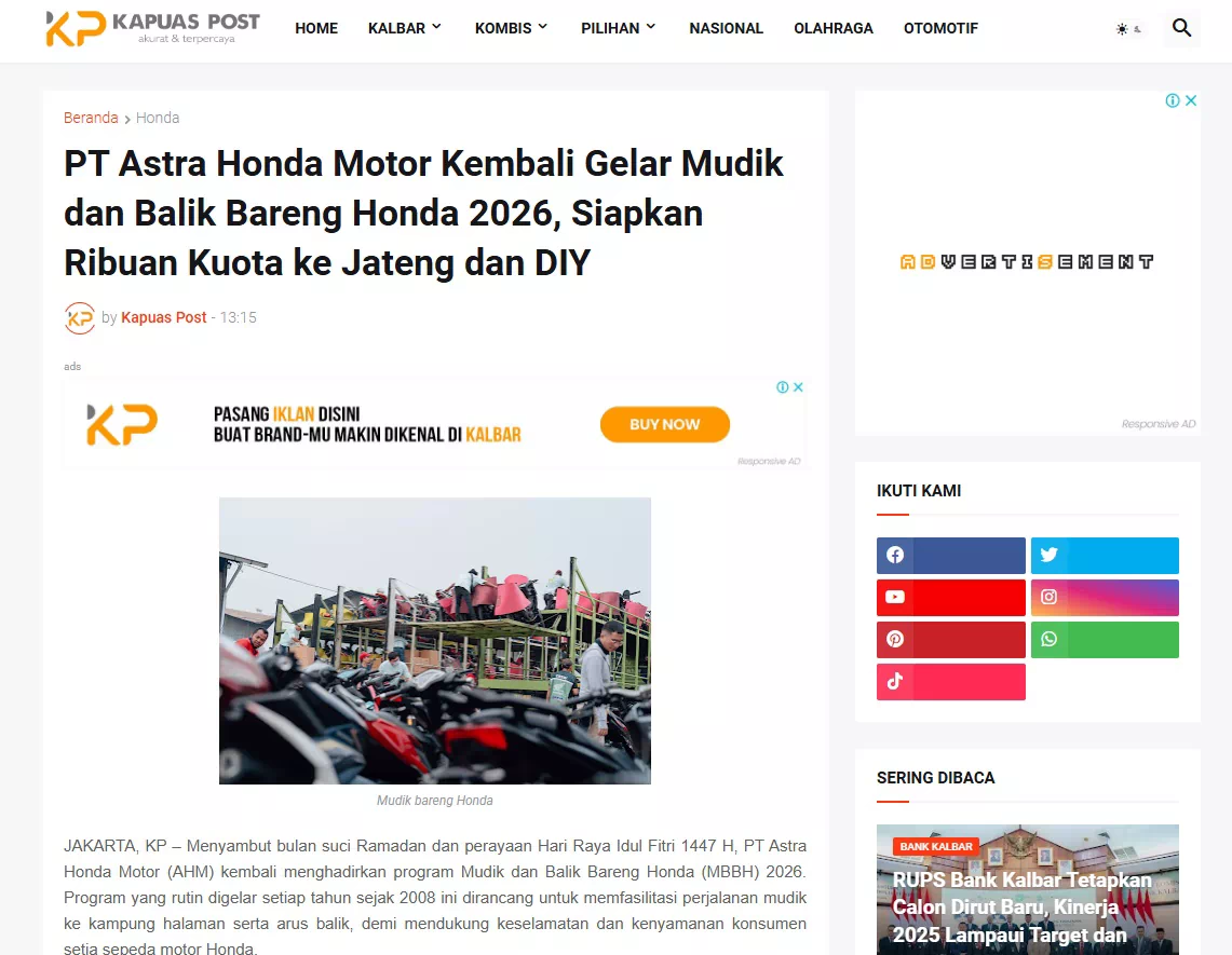 PT Astra Honda Motor Kembali Gelar Mudik dan Balik Bareng Honda 2026, Siapkan Ribuan Kuota ke Jateng dan DIY