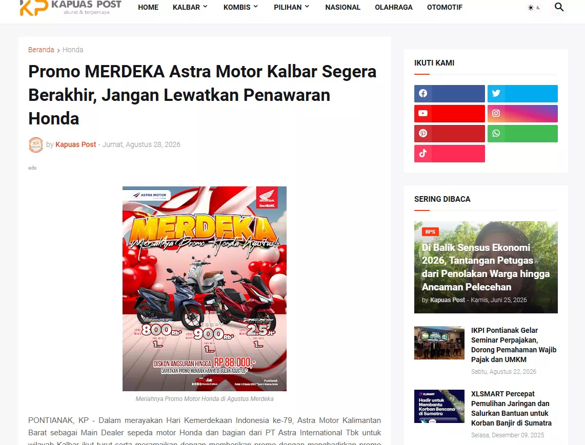 Promo MERDEKA Astra Motor Kalbar Segera Berakhir, Jangan Lewatkan Penawaran Honda