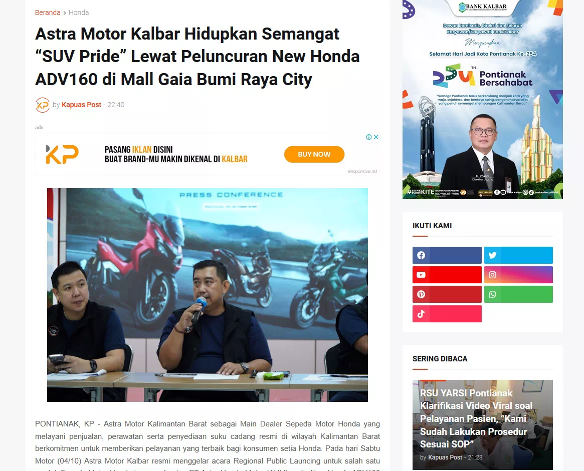 Astra Motor Kalbar Hidupkan Semangat “SUV Pride” Lewat Peluncuran New Honda ADV160 di Mall Gaia Bumi Raya City