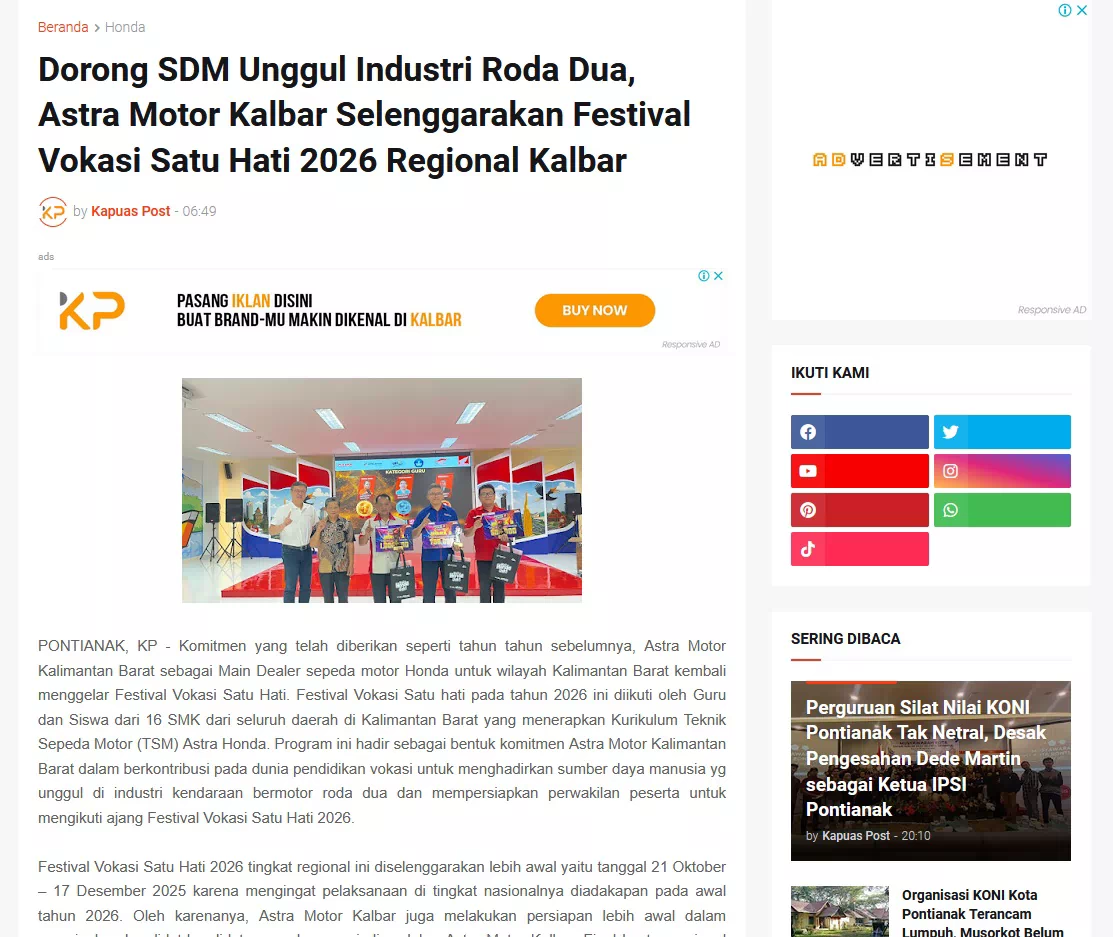 Dorong SDM Unggul Industri Roda Dua, Astra Motor Kalbar Selenggarakan Festival Vokasi Satu Hati 2026 Regional Kalbar