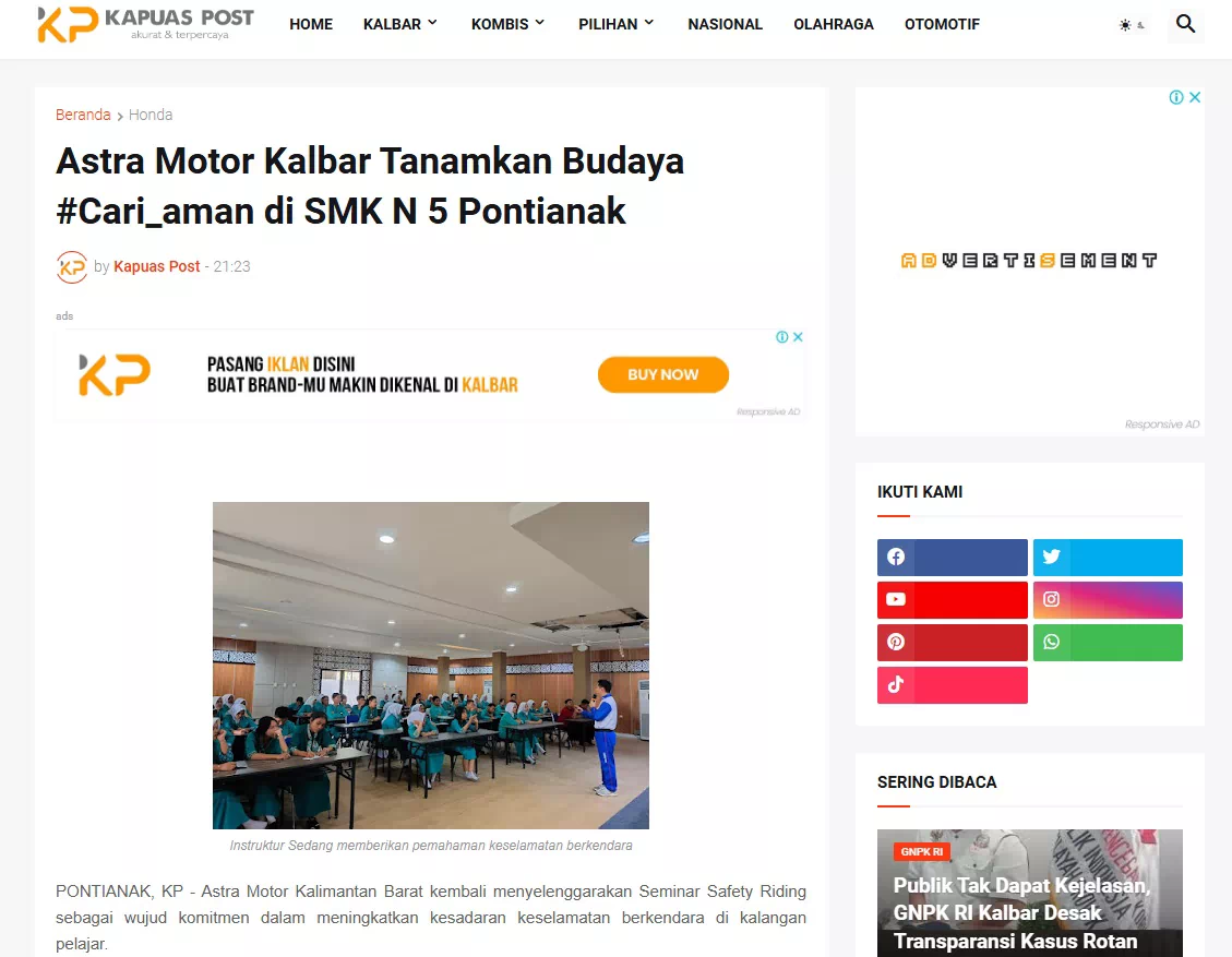 Astra Motor Kalbar Tanamkan Budaya #Cari_aman di SMK N 5 Pontianak