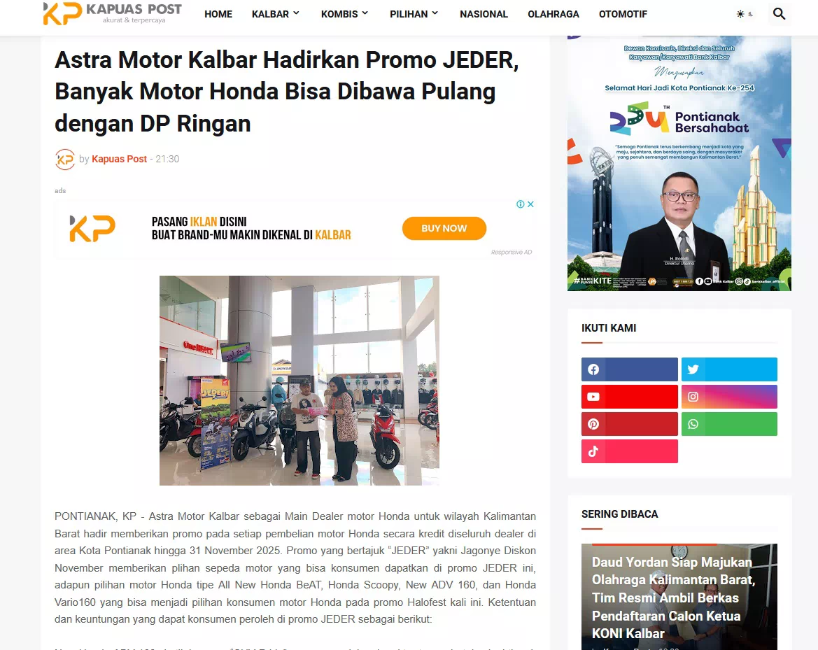 Astra Motor Kalbar Hadirkan Promo JEDER, Banyak Motor Honda Bisa Dibawa Pulang dengan DP Ringan