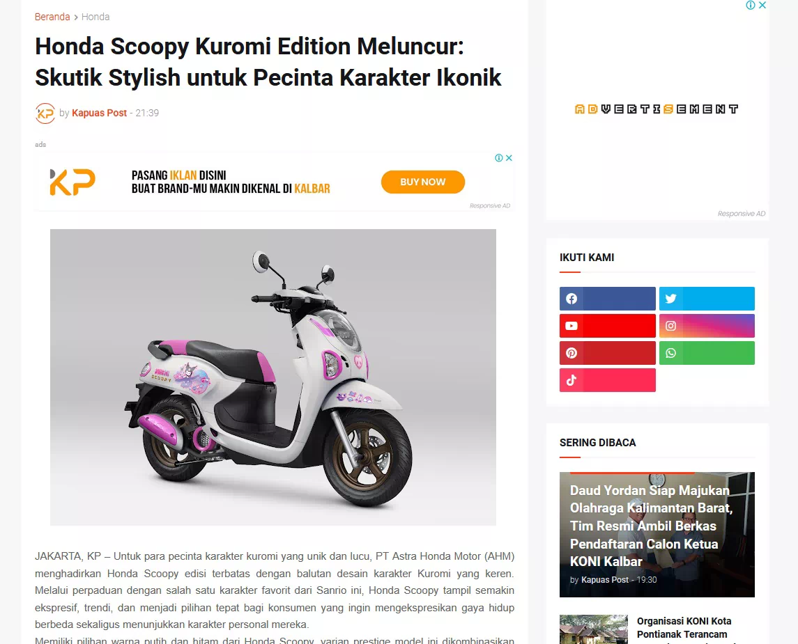 Honda Scoopy Kuromi Edition Meluncur: Skutik Stylish untuk Pecinta Karakter Ikonik