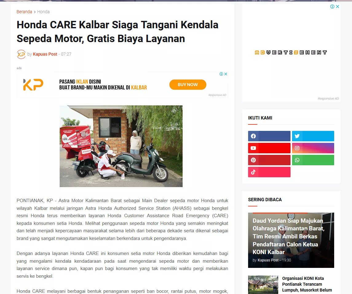 Honda CARE Kalbar Siaga Tangani Kendala Sepeda Motor, Gratis Biaya Layanan
