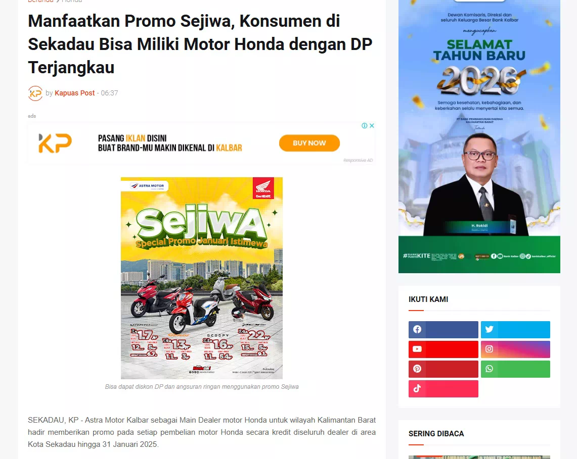 Manfaatkan Promo Sejiwa, Konsumen di Sekadau Bisa Miliki Motor Honda dengan DP Terjangkau