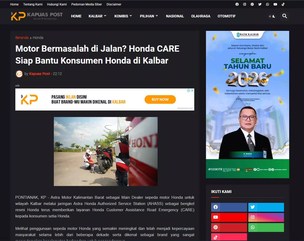 Motor Bermasalah di Jalan? Honda CARE Siap Bantu Konsumen Honda di Kalbar