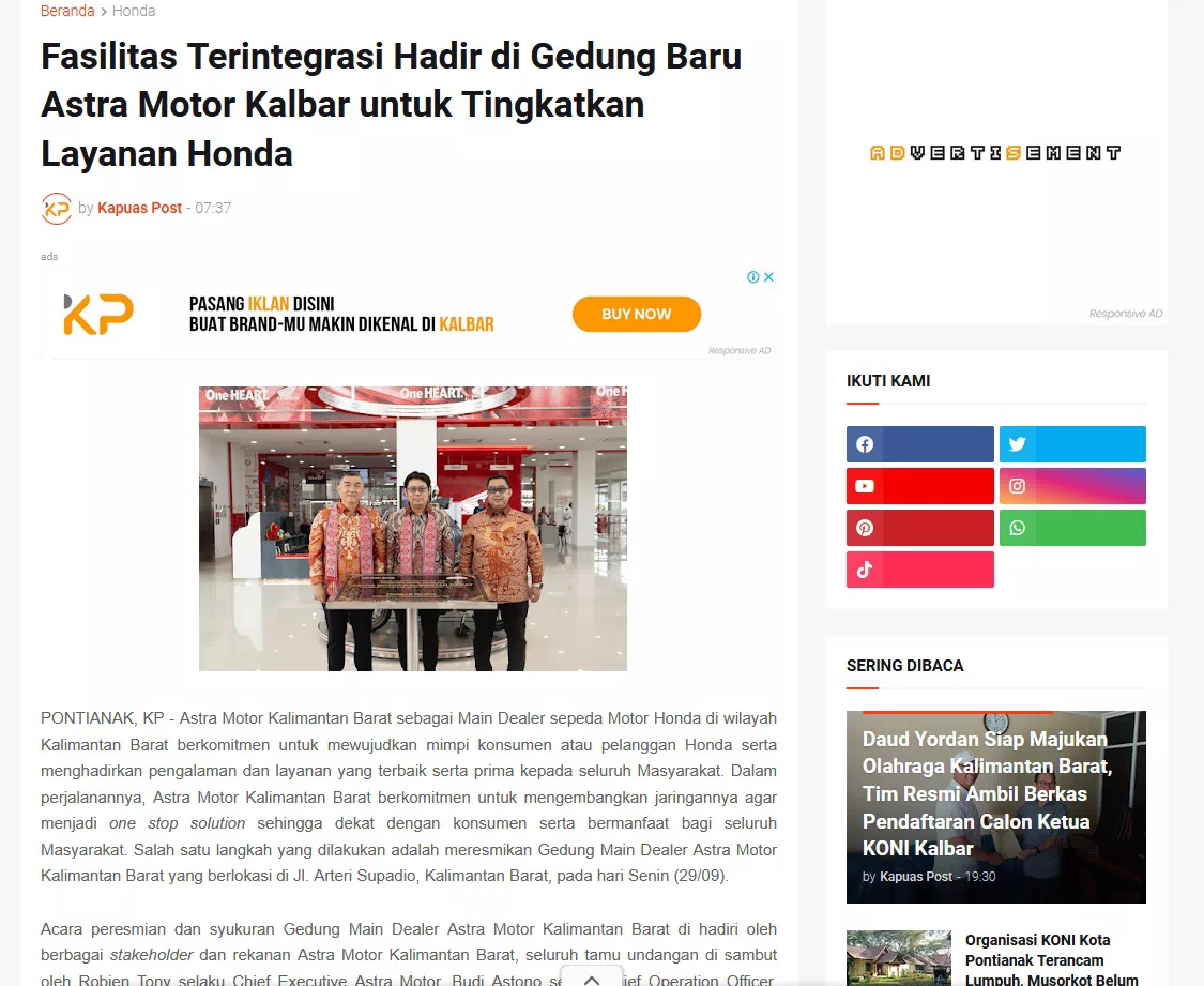 Fasilitas Terintegrasi Hadir di Gedung Baru Astra Motor Kalbar untuk Tingkatkan Layanan Honda