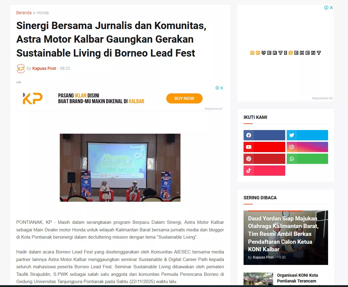 Sinergi Bersama Jurnalis dan Komunitas, Astra Motor Kalbar Gaungkan Gerakan Sustainable Living di Borneo Lead Fest