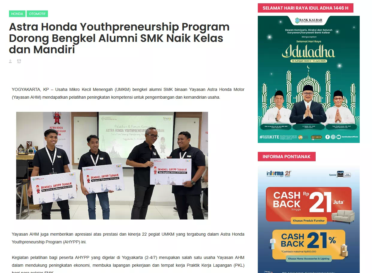 Astra Honda Youthpreneurship Program Dorong Bengkel Alumni SMK Naik Kelas dan Mandiri
