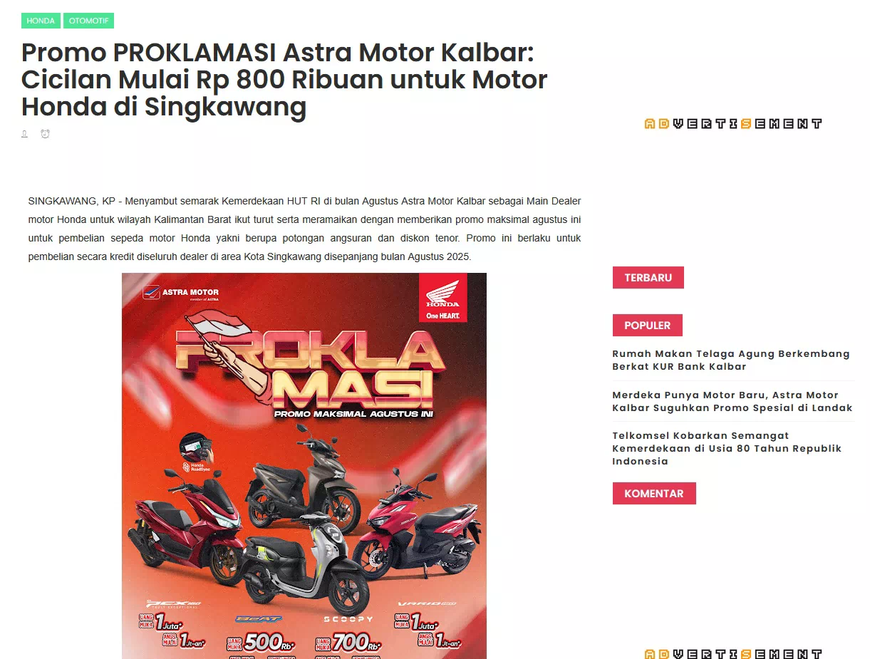 Promo PROKLAMASI Astra Motor Kalbar: Cicilan Mulai Rp 800 Ribuan untuk Motor Honda di Singkawang