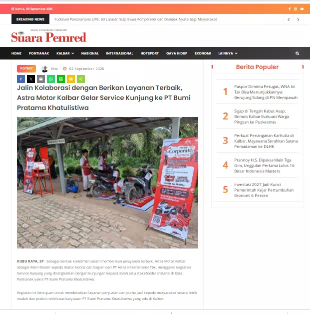 Jalin Kolaborasi dengan Berikan Layanan Terbaik, Astra Motor Kalbar Gelar Service Kunjung ke PT Bumi Pratama Khatulistiwa