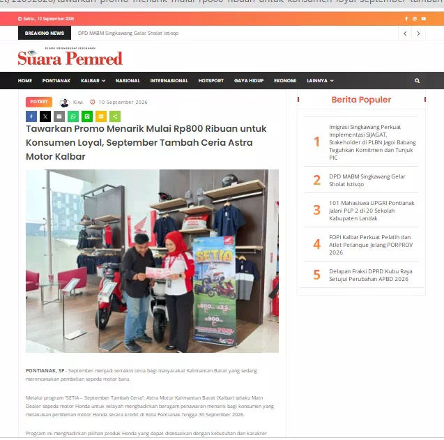 Tawarkan Promo Menarik Mulai Rp800 Ribuan untuk Konsumen Loyal, September Tambah Ceria Astra Motor Kalbar