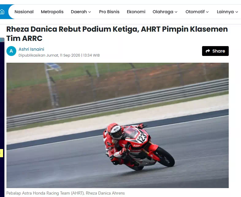 Rheza Danica Rebut Podium Ketiga, AHRT Pimpin Klasemen Tim ARRC