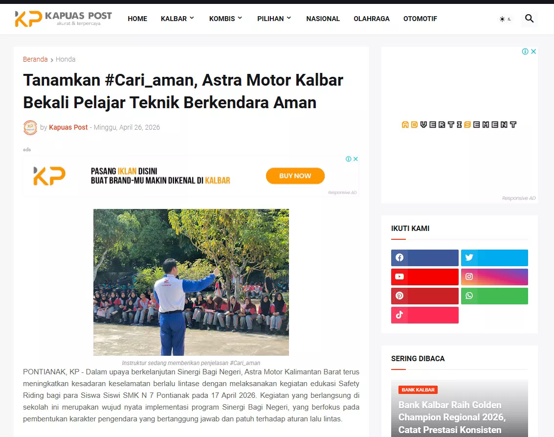 Tanamkan #Cari_aman, Astra Motor Kalbar Bekali Pelajar Teknik Berkendara Aman