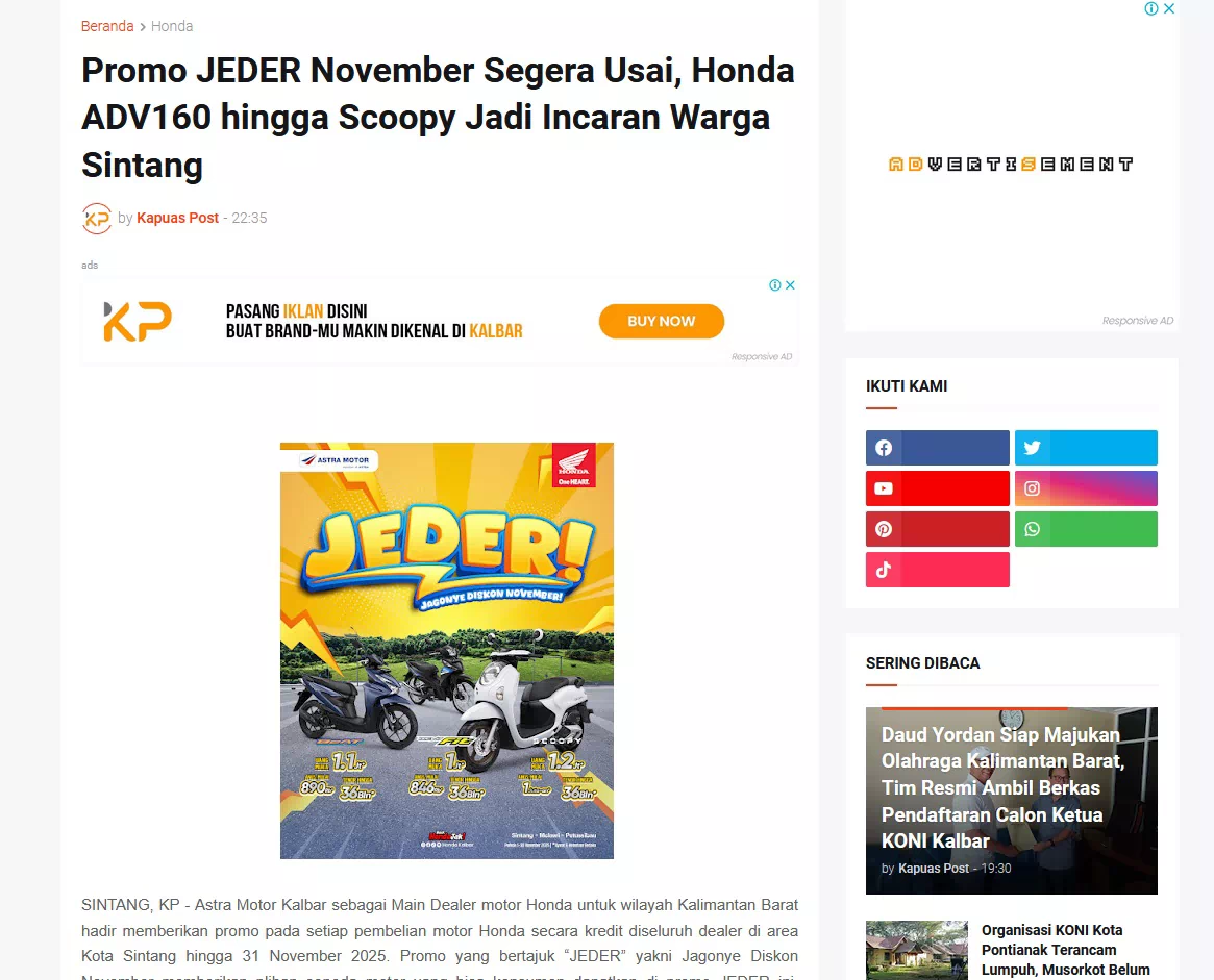 Promo JEDER November Segera Usai, Honda ADV160 hingga Scoopy Jadi Incaran Warga Sintang