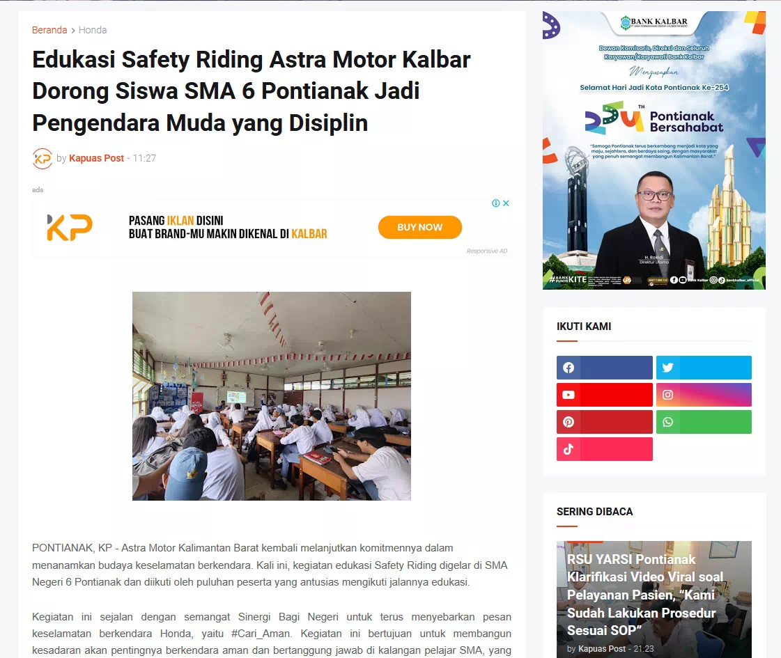 Edukasi Safety Riding Astra Motor Kalbar Dorong Siswa SMA 6 Pontianak Jadi Pengendara Muda yang Disiplin