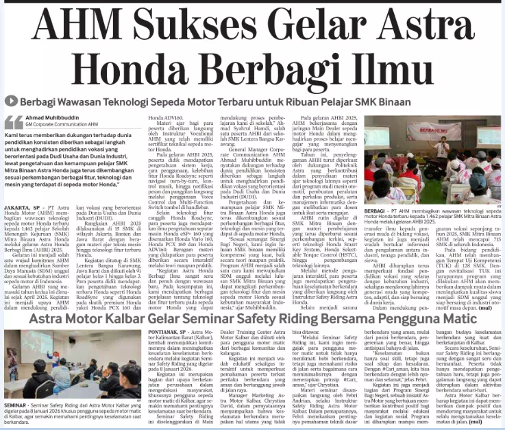 AHM Sukses Gelar Astra Honda Berbagi Ilmu, Berbagi Wawasan Teknologi Sepeda Motor Terbaru untuk Ribuan Pelajar SMK Binaan