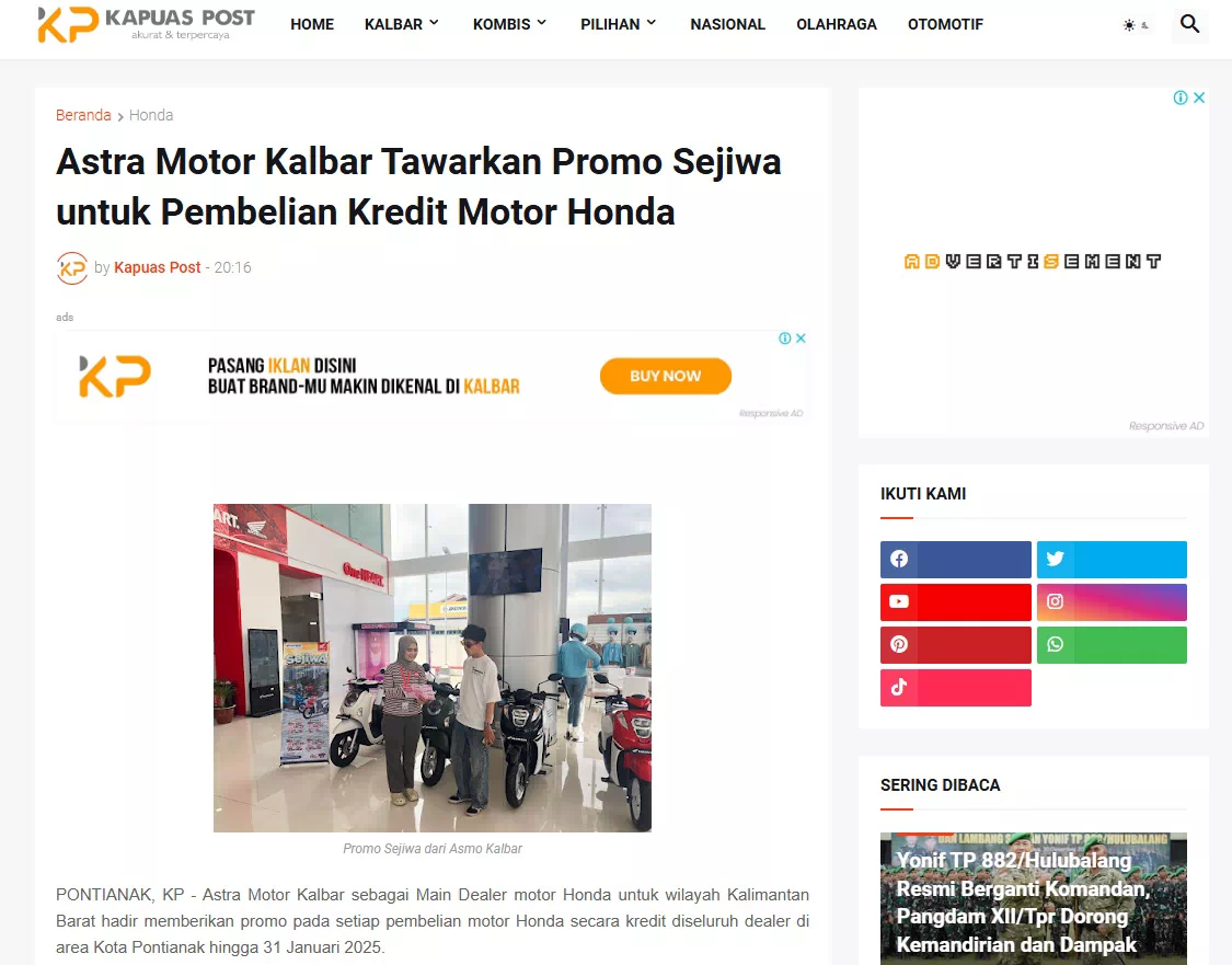 Astra Motor Kalbar Tawarkan Promo Sejiwa untuk Pembelian Kredit Motor Honda