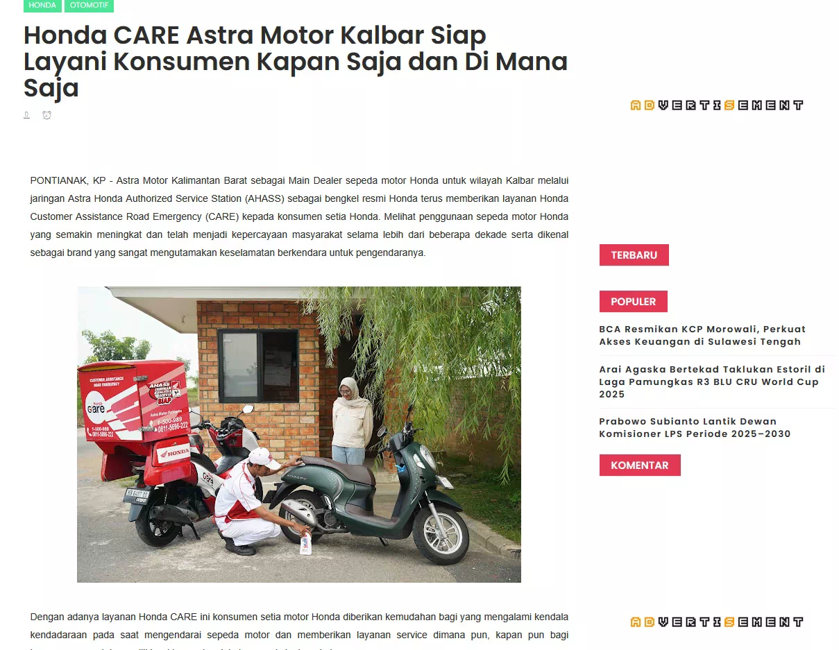 Honda CARE Astra Motor Kalbar Siap Layani Konsumen Kapan Saja dan Di Mana Saja