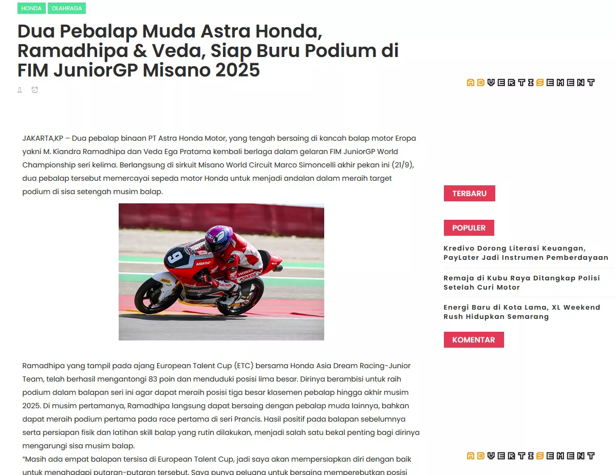 Dua Pebalap Muda Astra Honda, Ramadhipa &amp; Veda, Siap Buru Podium di FIM JuniorGP Misano 2025