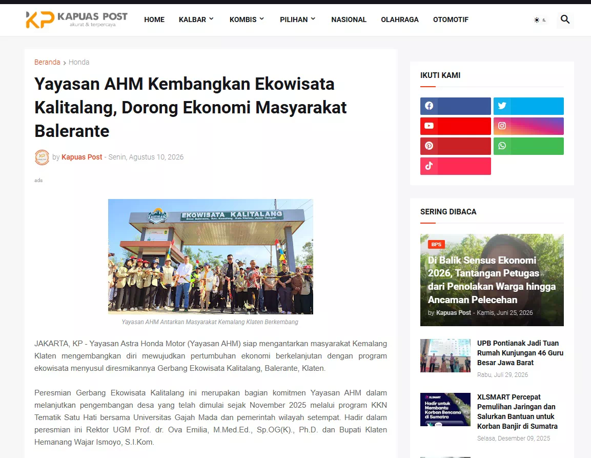 Yayasan AHM Kembangkan Ekowisata Kalitalang, Dorong Ekonomi Masyarakat Balerante